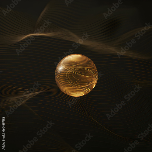 Abstract luminous golden sphere with swirling light patterns floating in a dark, wavy energy field.