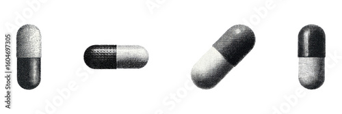 Vintage Capsule Pill Illustrations Set. Retro Medical And Pharmaceutical Collection Illustration Isolated On Transparent Background