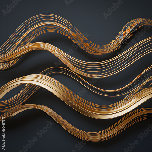 Elegant composition of abstract golden waves and flowing metallic lines on a dark background, creating a sense of luxury and movement.