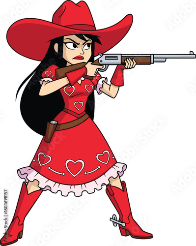 Cowgirl in red heart-patterned outfit holding rifle, cartoon pose and western style, cad drawing flat vector illustration for fantasy themes