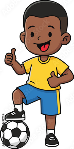 Cartoon kid with soccer ball and thumbs-up, yellow shirt, blue shorts, cad drawing flat vector illustration for sport, fun, youth themes