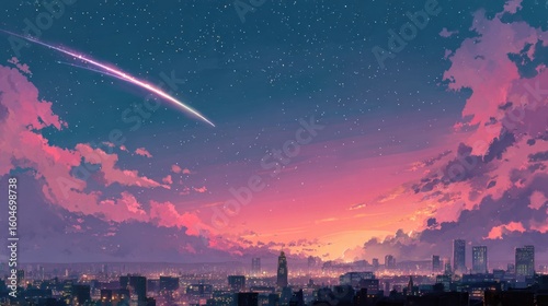 Cityscape at twilight with shooting star