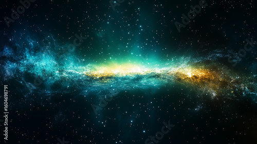 Space Milky Way concept background. Universe galaxy horizontal poster. Amazing cosmic wallpaper. Raster bitmap digital illustration. AI artwork.	