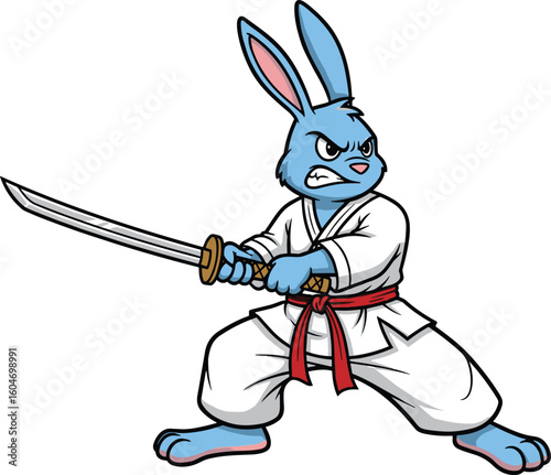 Blue rabbit holding katana in martial arts uniform, intense pose and expression, cad drawing flat vector illustration for ninja theme