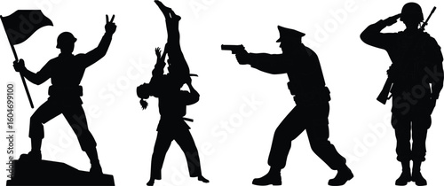 Silhouette of flag bearer, acrobat, armed police officer, saluting soldier, cad drawing flat vector illustration for military concept design