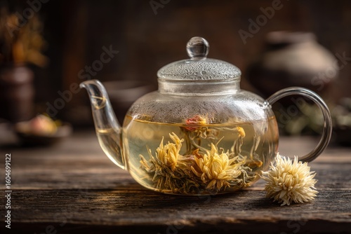 Glass teapot filled with floral tea