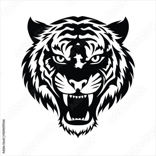 Powerful black tribal tattoo vector illustration of a wild lion and tiger head, symbolizing the strength of these predatory wild cats