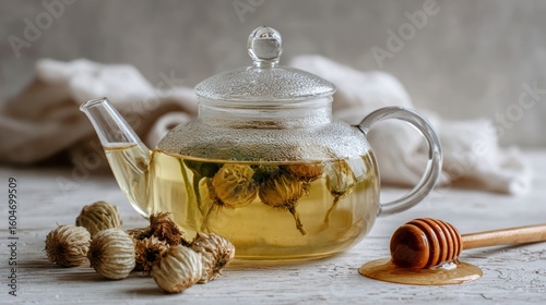 Glass tea kettle with dried flowers, honey