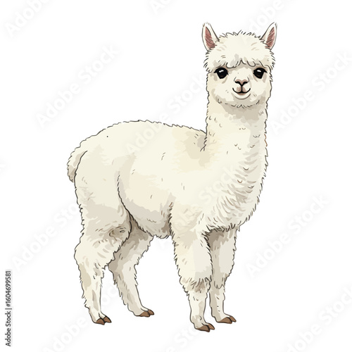 Adorable white alpaca standing isolated on white background digital illustration perfect for design