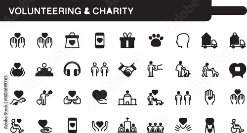 Collection of Black and White Volunteering and Charity Icons Depicting Giving Love and Support for Various Causes