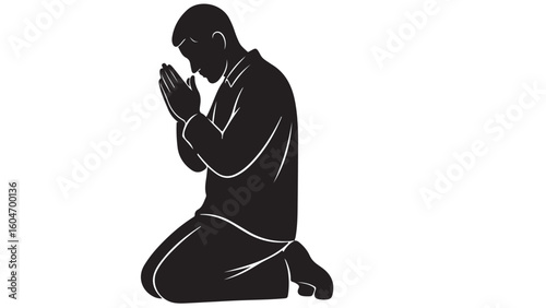 Silhouette of a man kneeling in prayer with hands clasped together on a white background