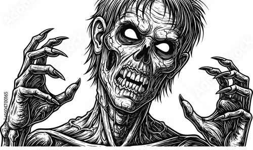 Cad drawing flat vector illustration, horror skeleton character, decaying zombie face, creepy undead design, scary claws, Halloween monster concept