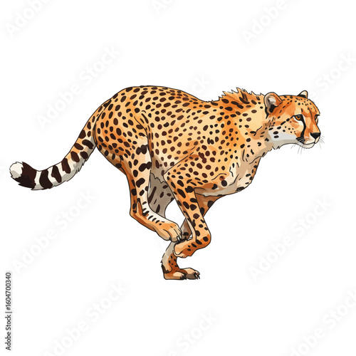 Dynamic Cheetah Running Illustration Wild Animal in Full Stride Isolated on White Background