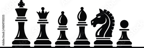 Silhouette of classic chess pieces arranged in a row