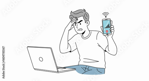 A frustrated man experiencing technical difficulties, holding a phone with poor signal, and looking at a laptop.
