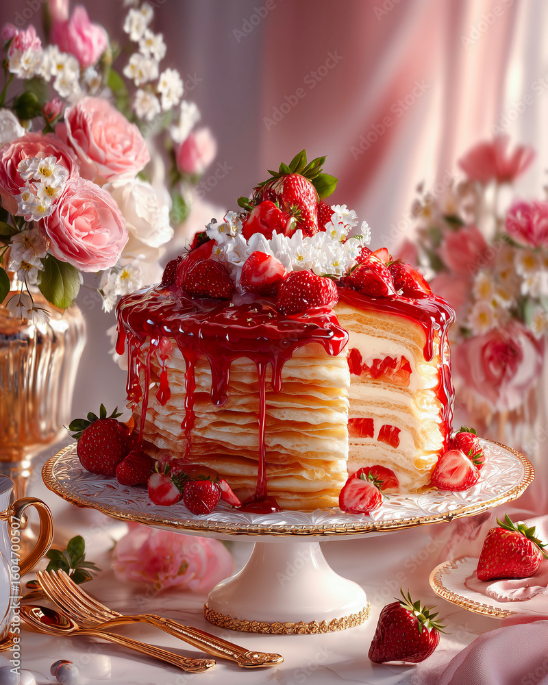 Fototapeta premium Strawberry crepe cake with whipped cream and fresh strawberries.
