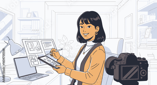 A young woman with short dark hair smiles while using a tablet and stylus in her home office, camera in foreground.