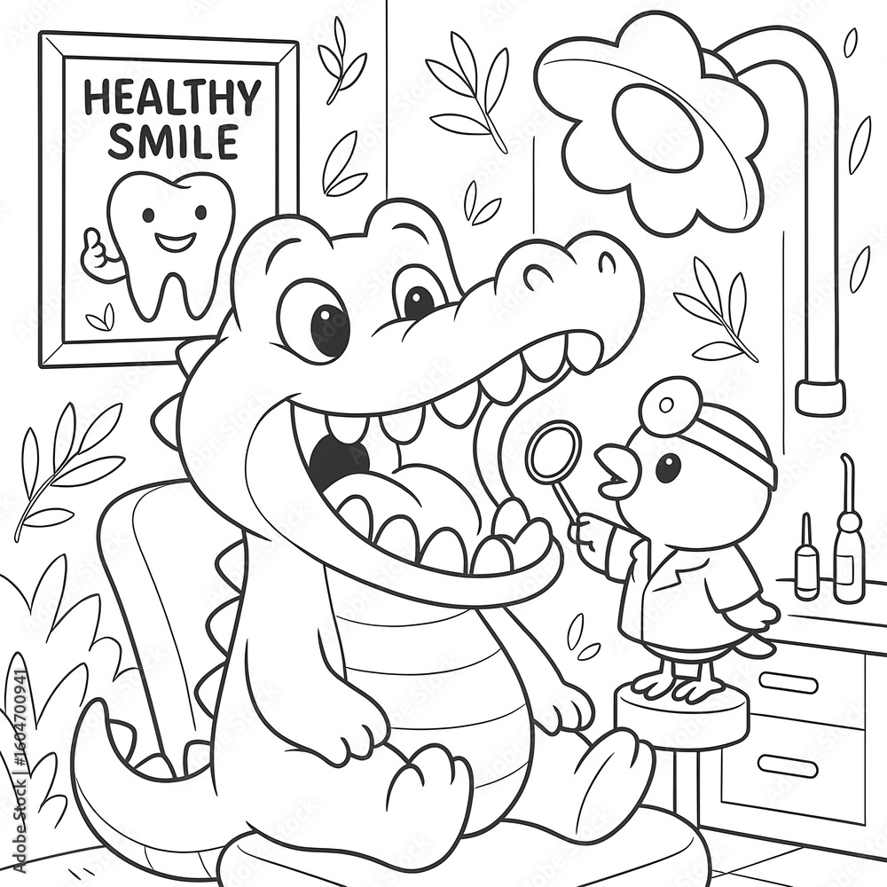 Obraz premium alligator go to dentist (healthy smile) outline version