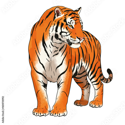 Majestic Tiger Illustration Standing Wild Animal Big Cat Wildlife Orange Stripes Isolated