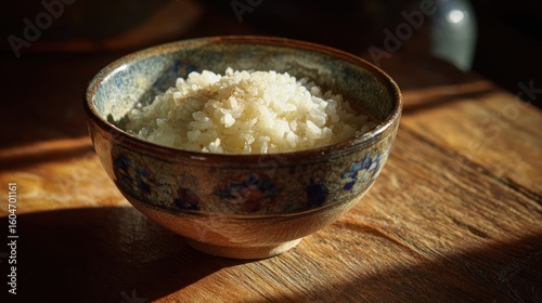 Cooked rice in a decorative bowl on a wooden table