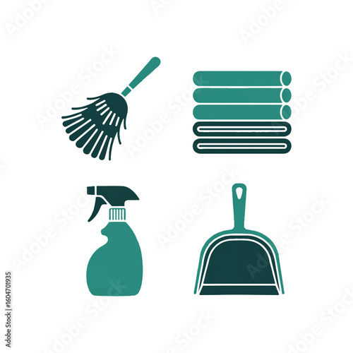 Set of four essential cleaning tools including a broom folded towels spray bottle and dustpan for household chores