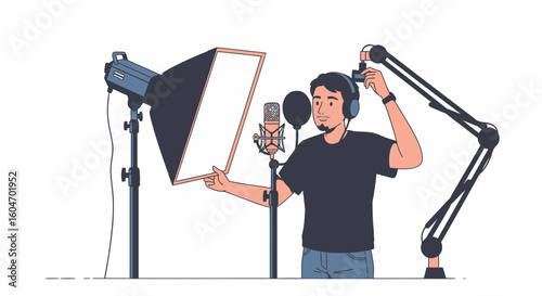 Man recording audio podcast, adjusting microphone and lighting in home studio.