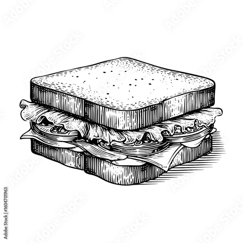 Black and white sketch of a sandwich with meat and lettuce  