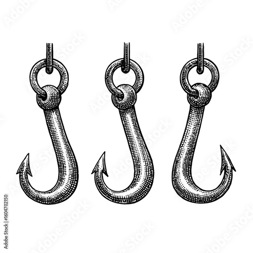 Industrial-style meat hooks hanging in a row in monochrome design  