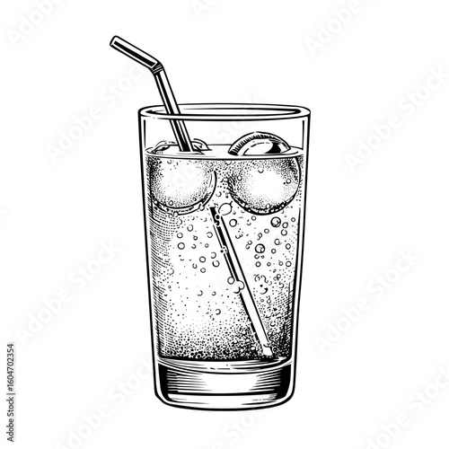 Highball glass filled with bubbles and ice cubes on white background  