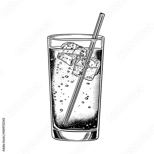 Highball glass with ice cubes and straw filled with bubbly drink  