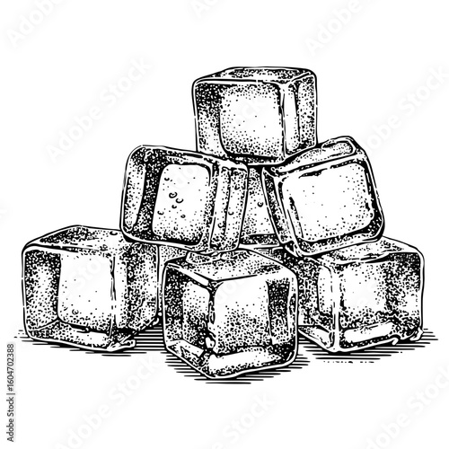 Ice cubes stacked in vintage engraved style illustration  