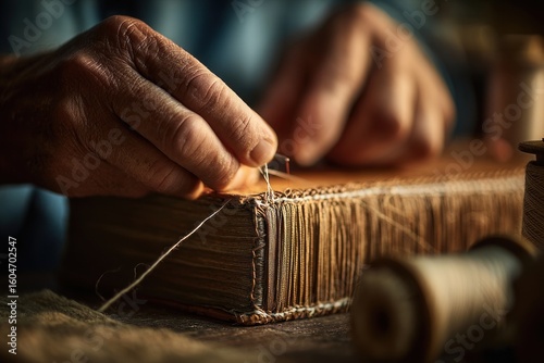 Elderly hands stitch a book's binding