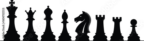 Silhouette of various chess pieces arranged in a line against a white background