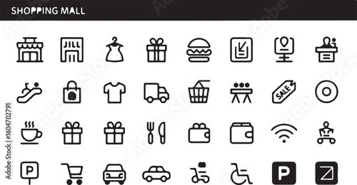 Comprehensive Set of Shopping Mall Icons Representing Retail Services and Customer Experience in Modern Black and White