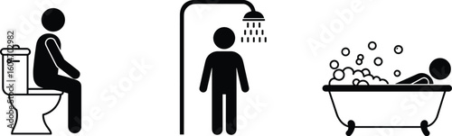 Bathroom hygiene icons, toilet symbol, shower silhouette, bathtub with buustration, personal care, daily routine, clean water, sanitation, modern bathroom design, black and white pictogram.