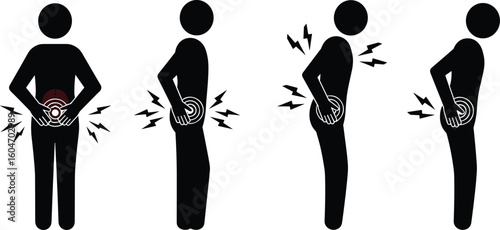 Back pain illustration, spine injury graphic, lower backache, medical pain concept, health issue, lumbar discomfort, sciatica, posture problem, back strain, body ache diagram.