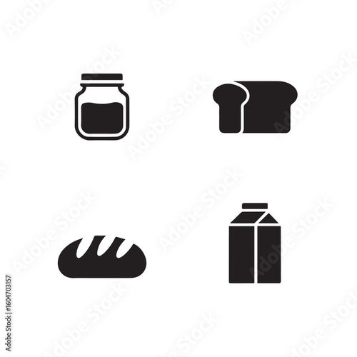 Simple black silhouette icons representing common grocery items including a jar of jam bread and a carton of milk