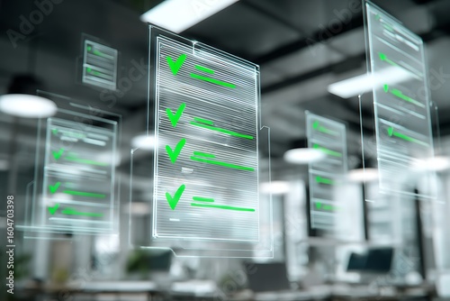 Digital checklist with green checkmarks on transparent screens in a modern office setting