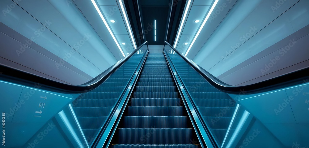 Obraz premium Sleek, futuristic escalator ascending in a bright, minimalist urban space, contemporary, upward