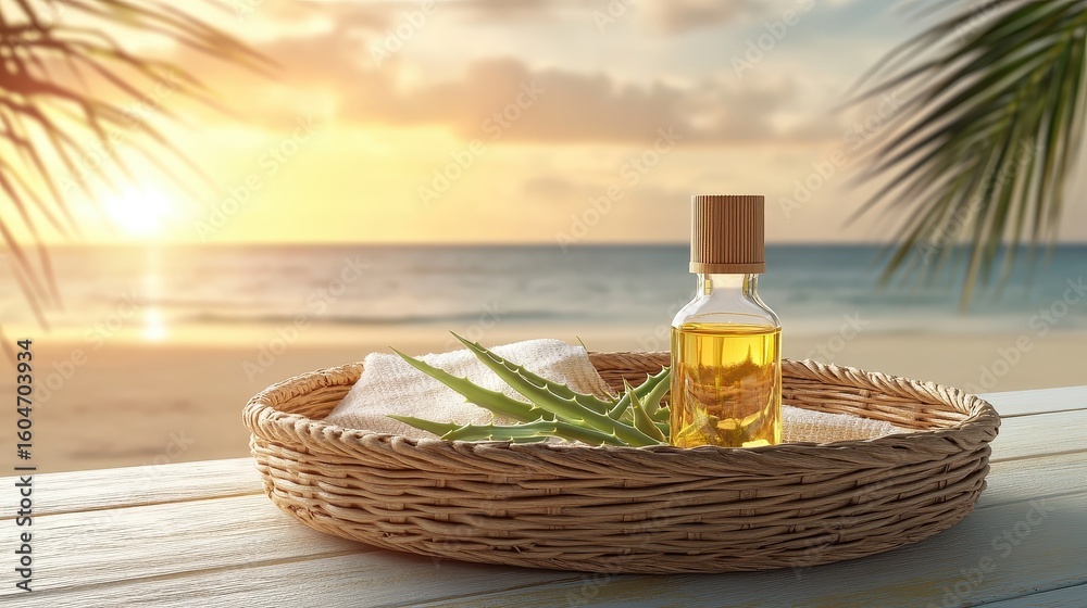 Obraz premium Serene Aloe Oil Bottle on Woven Tray with Beach Background