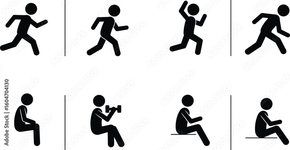 Naklejka premium Fitness icons, running, sittilth, activity, pictogram, posture, vector, black silhouette, active lifestyle, squat, weightlifting, motion, body movement, stretching, strength, physical, set