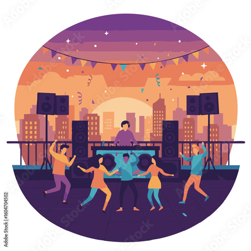 DJ and group dancing on rooftop at sunset