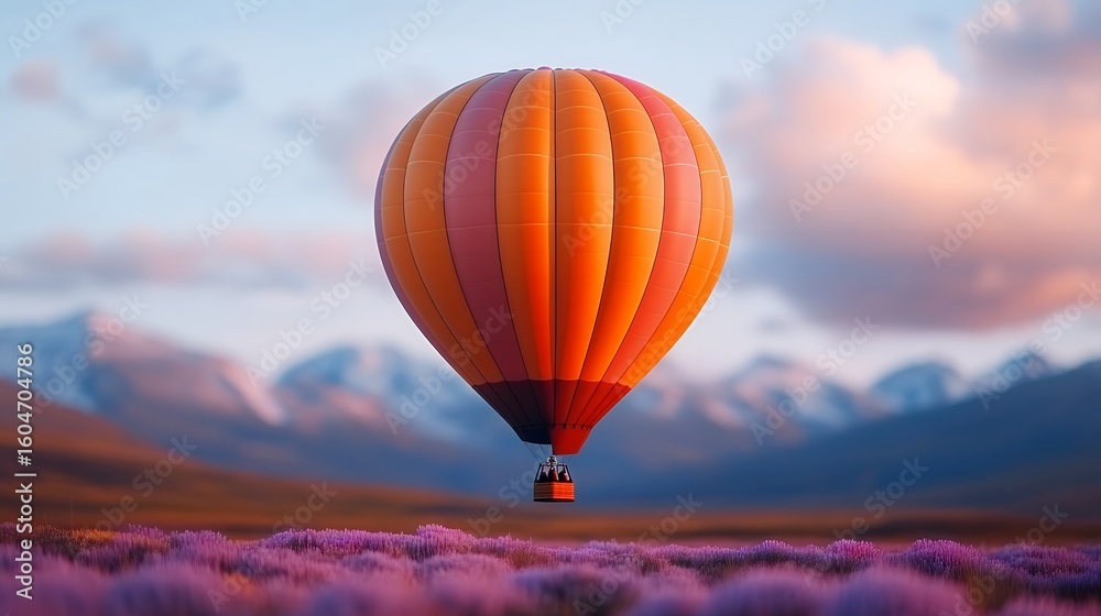 Obraz premium Vibrant hot air balloon over scenic lavender field at sunset