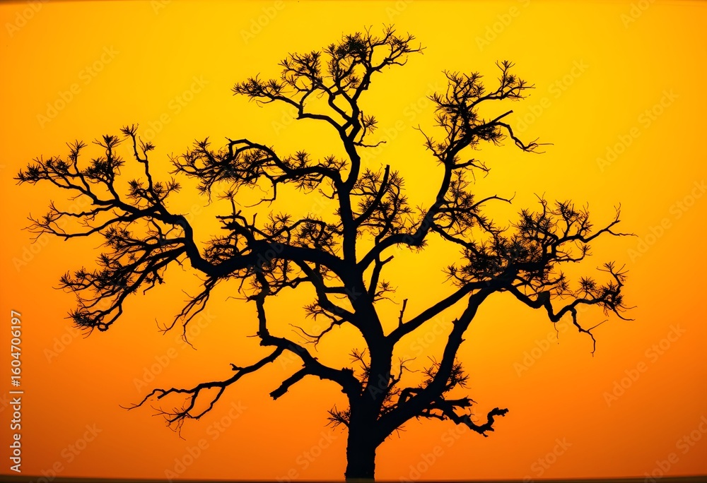 Silhouette of a gnarled tree against a vibrant orange sunset sky. Silhouette of a gnarled tree against a vibrant orange sunset sky.