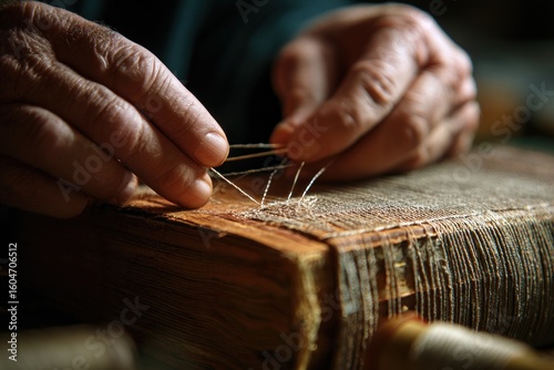 Aged hands meticulously mend antique book binding