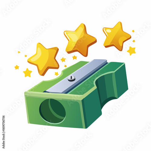 Pencil sharpener spitting stars – Small sharpener ejecting pencil shavings shaped like stars.
