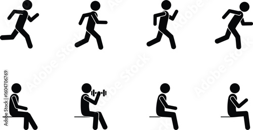 Running, walking, sitting, fitness, gym, exercise, stick figure workout, active lifestyle icons, training, dumbbell lift, cardio, health, motion, strength, healthy living, ico