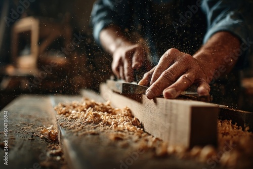 Close-up of hands planing wood in a workshop
