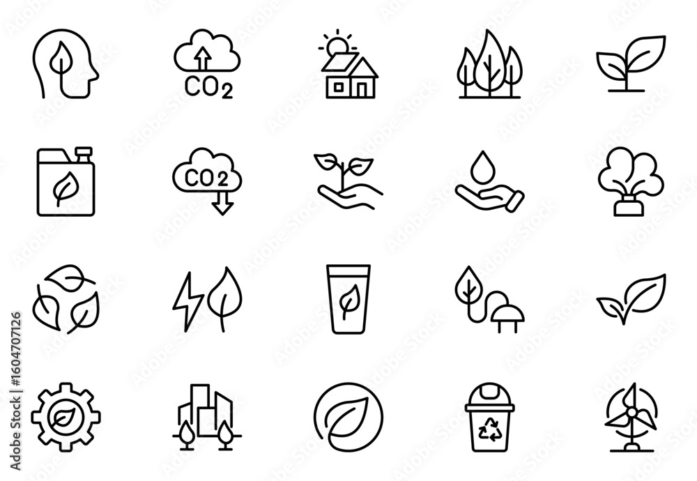 Fototapeta premium Green Tech line icons for sustainability, solar, wind, clean power, green tech, net-zero, and eco solutions