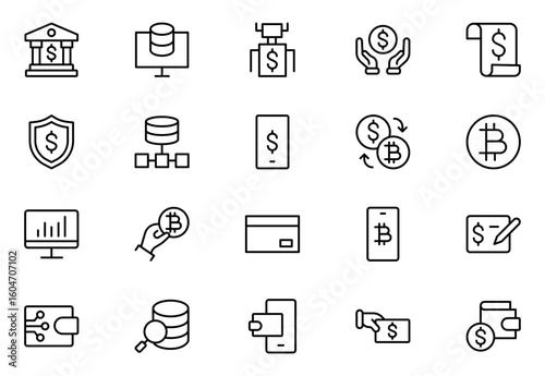 Fintech and Digital line Icon set with thin lines contain digital banking, mobile payments, cloud tech, robotics, digital wallet, app, neo bank, crowdfunding, financial innovation.